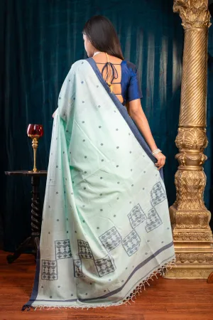 Women Sea Green Pure Handloom Cotton Saree With Blue Polka Dots And Border