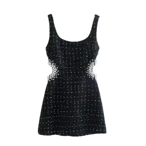 Women Sexy Waist Hollow Out Pearl Appliques Slim Mini Dress