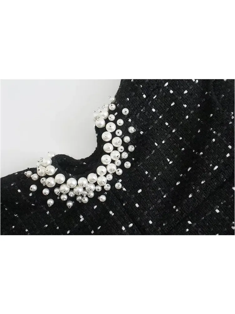 Women Sexy Waist Hollow Out Pearl Appliques Slim Mini Dress