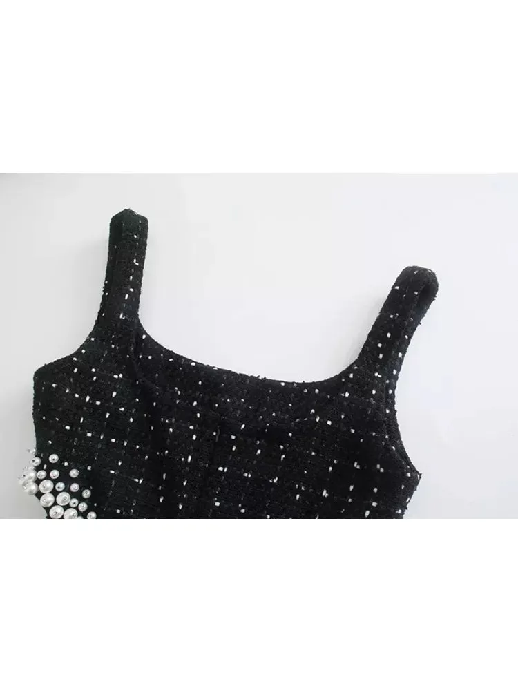 Women Sexy Waist Hollow Out Pearl Appliques Slim Mini Dress