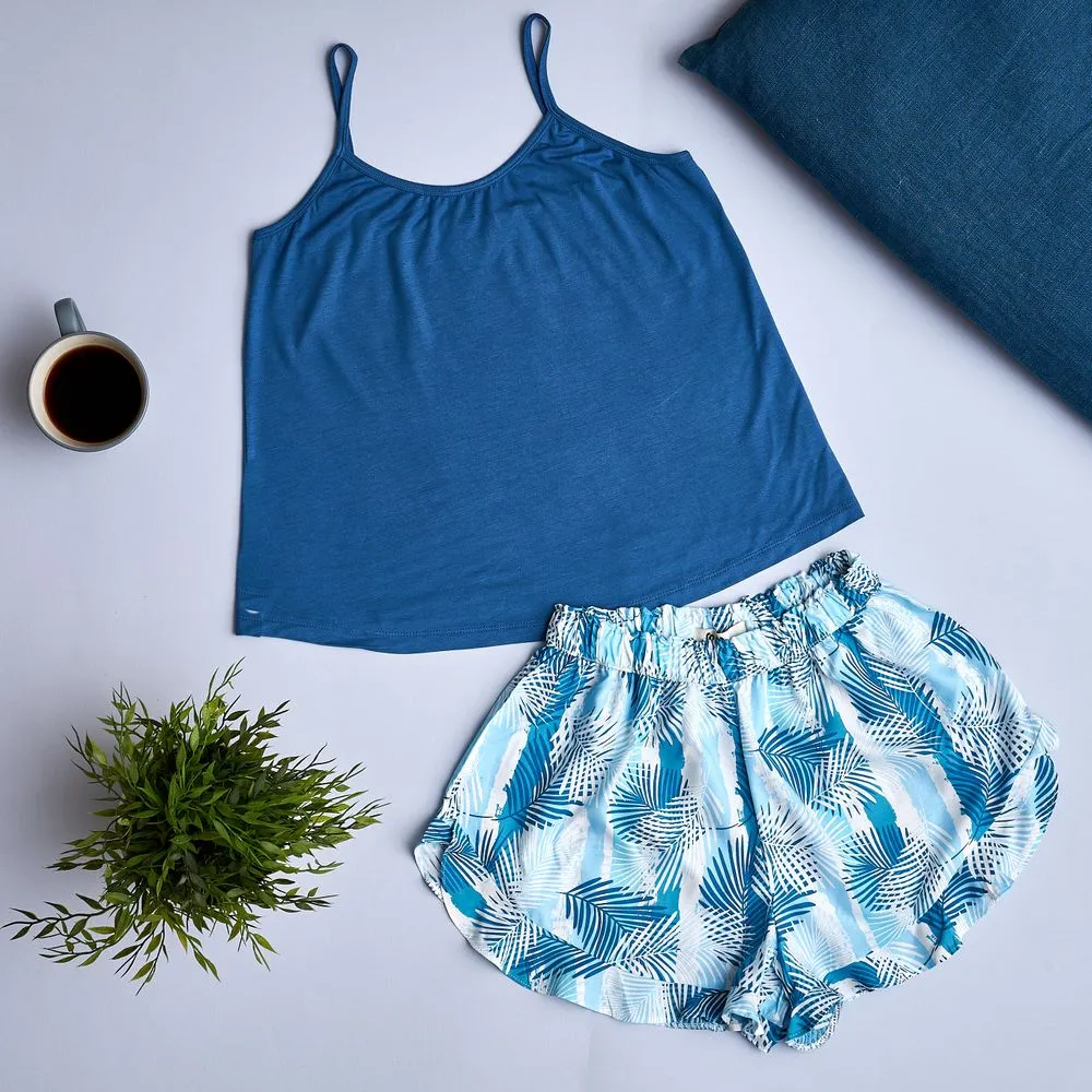 Women summer pajama set Dark blue top   Palm leaves ruffles shorts