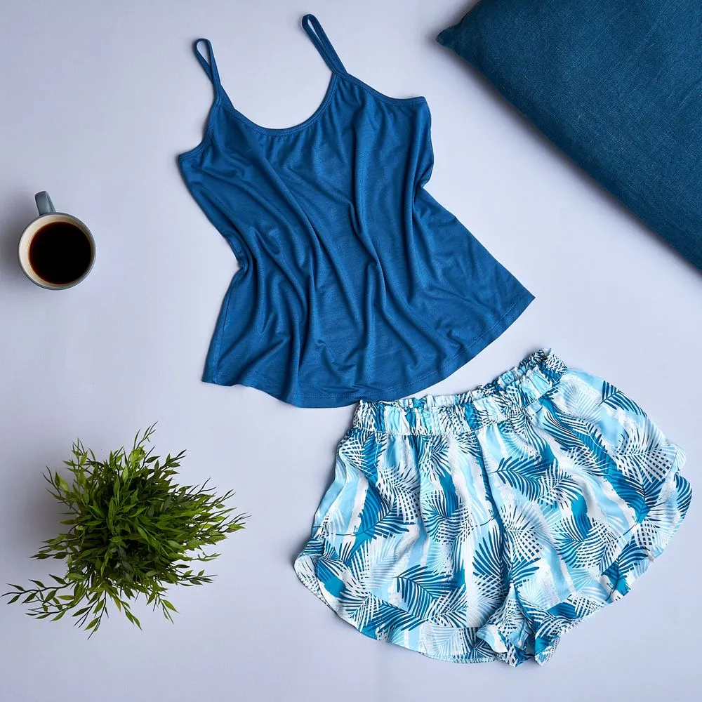 Women summer pajama set Dark blue top   Palm leaves ruffles shorts