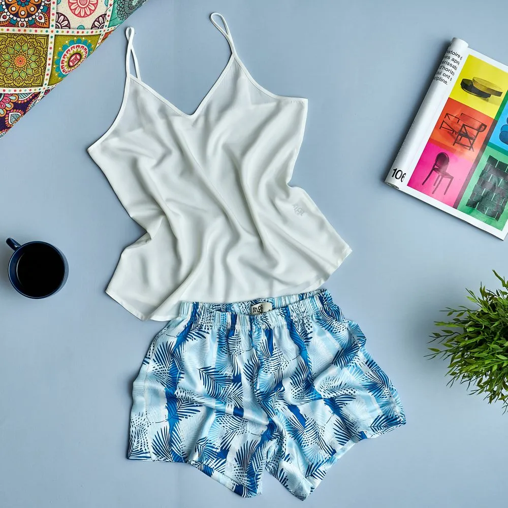 Women summer pajama set Off-white top   Blue Palm leaves shorts