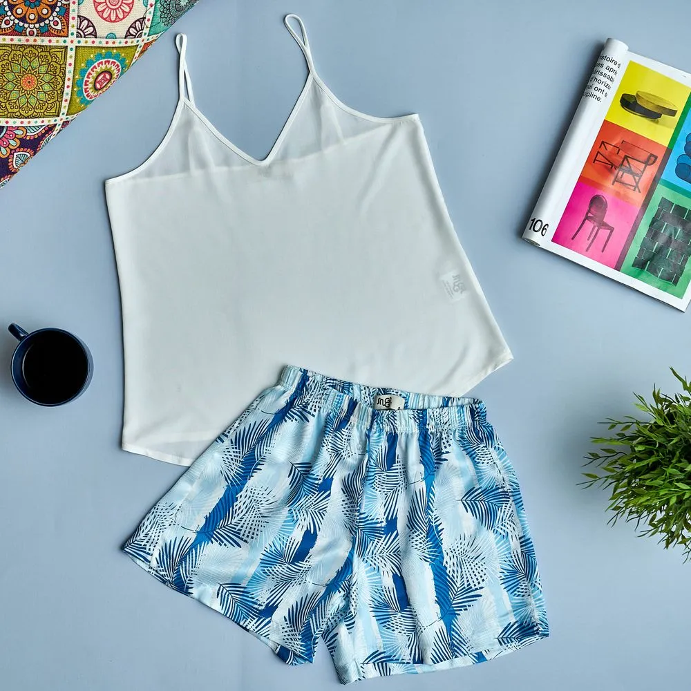 Women summer pajama set Off-white top   Blue Palm leaves shorts