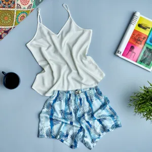 Women summer pajama set Off-white top   Blue Palm leaves shorts