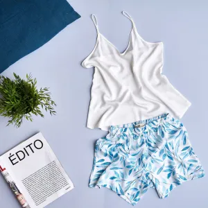 Women summer pajama set Off-white top   Light blue leaves shorts