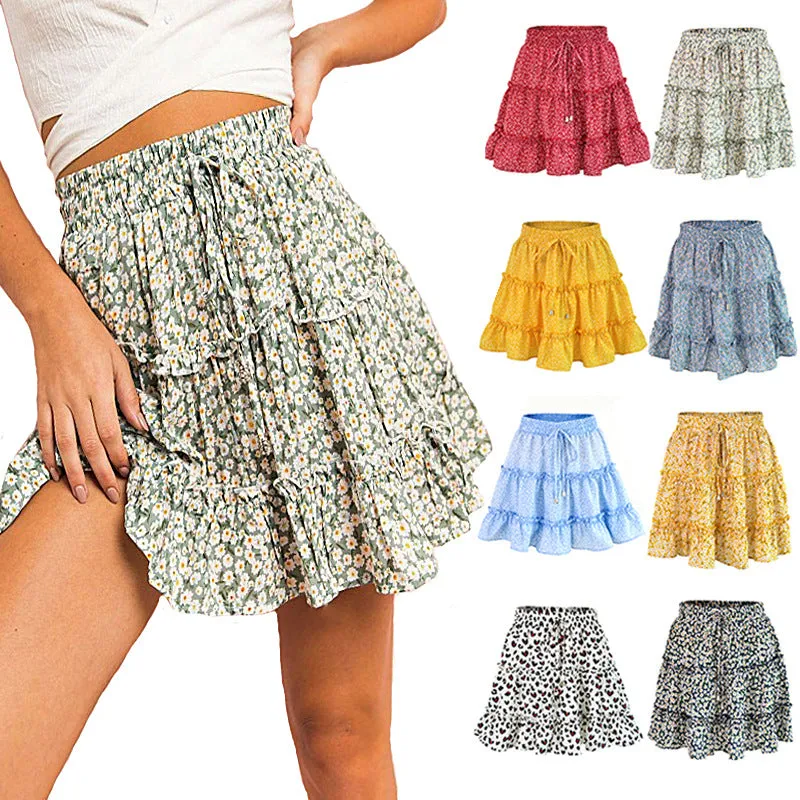 Womens Boho Beach Floral Print Tiered Ruffle Mini Skirt