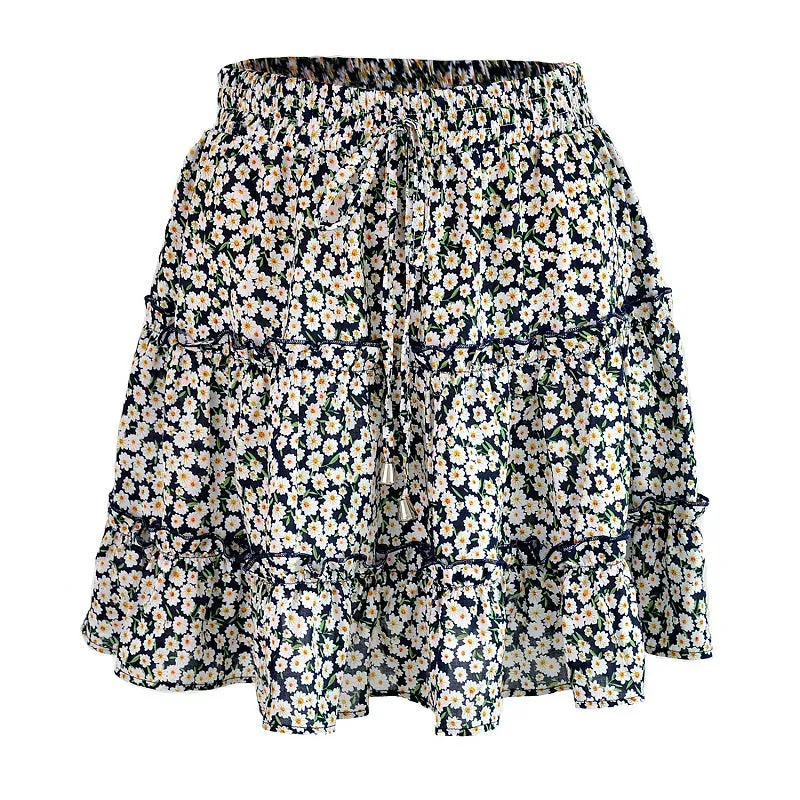 Womens Boho Beach Floral Print Tiered Ruffle Mini Skirt