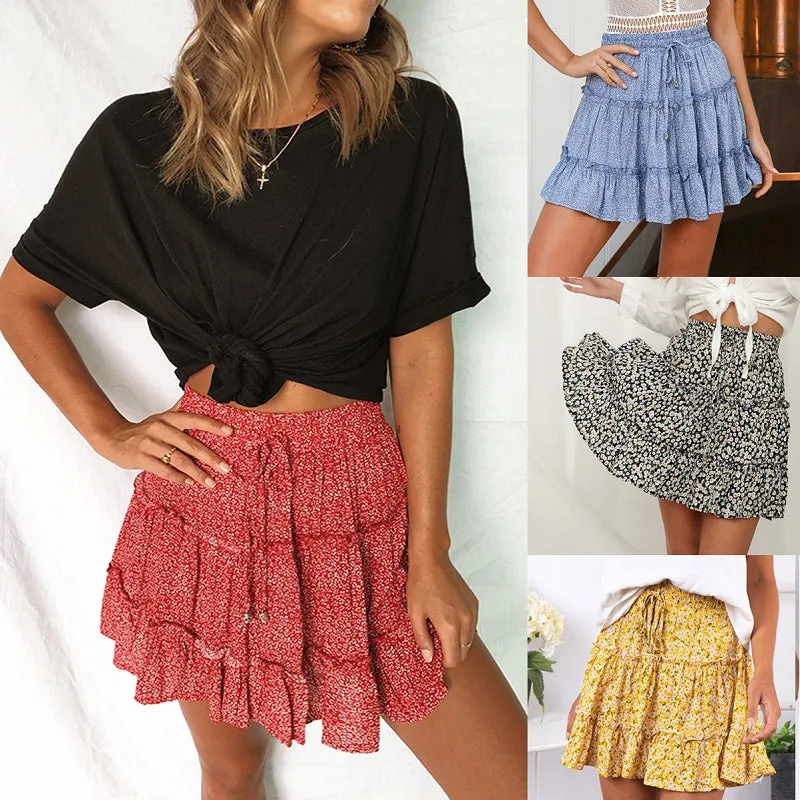 Womens Boho Beach Floral Print Tiered Ruffle Mini Skirt