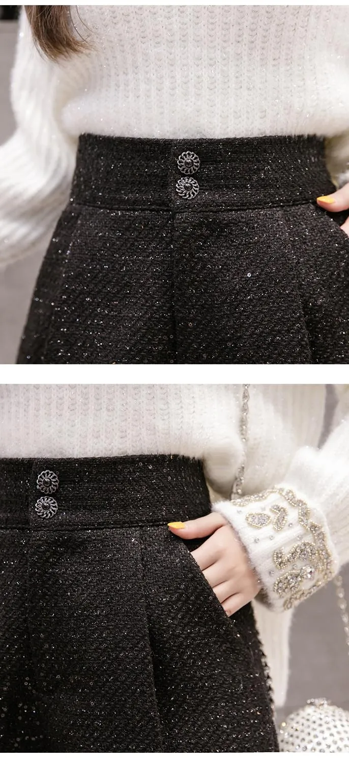 Woolen Shorts Women Solid Pattern High Waist Sequin Tweed Short Pants