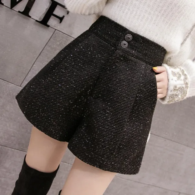 Woolen Shorts Women Solid Pattern High Waist Sequin Tweed Short Pants