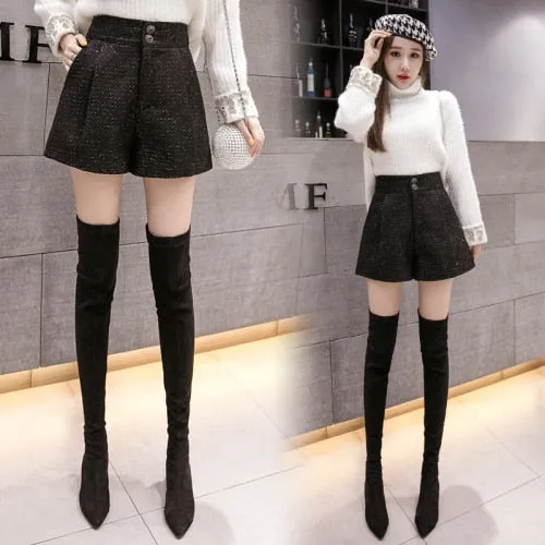 Woolen Shorts Women Solid Pattern High Waist Sequin Tweed Short Pants