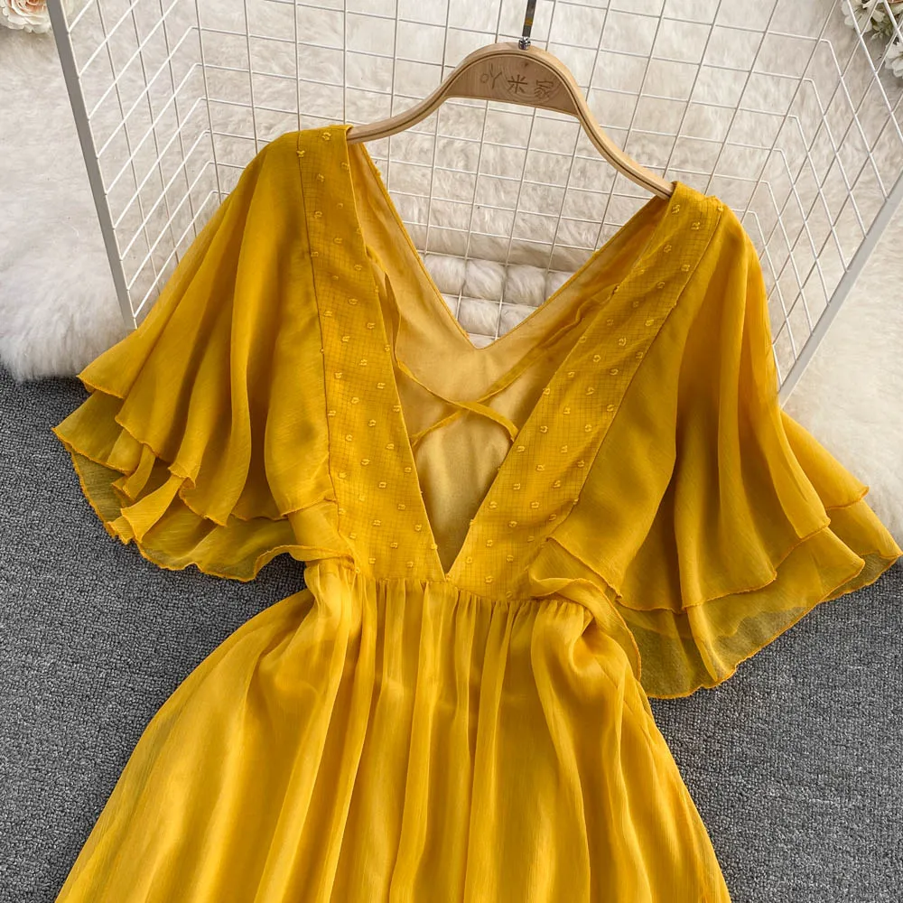 Yellow chiffon A line dress yellow fashion dress    S189