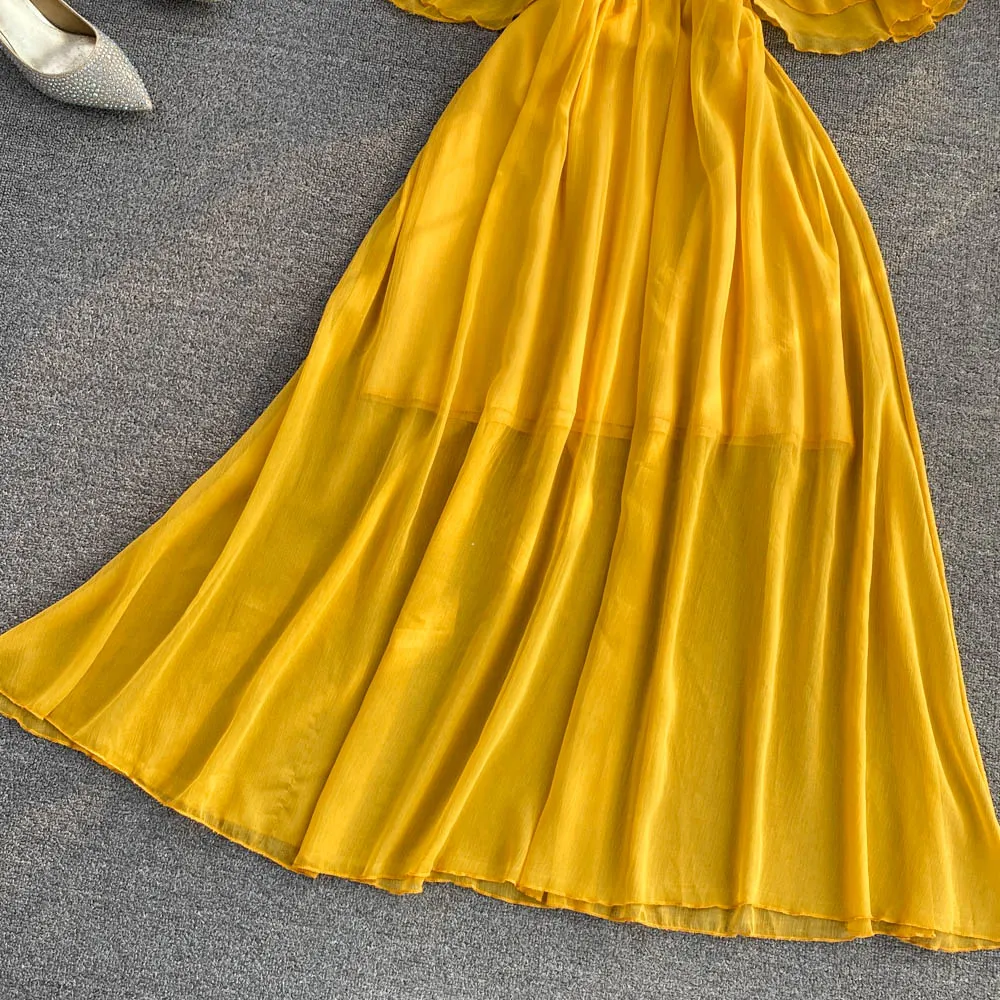 Yellow chiffon A line dress yellow fashion dress    S189